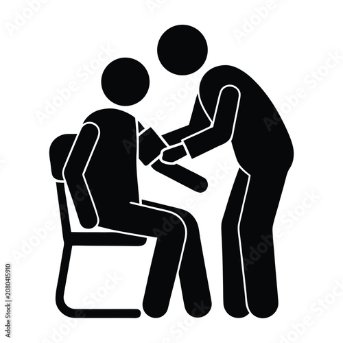 Doctor taking blood pressure of seated patient black icon vector