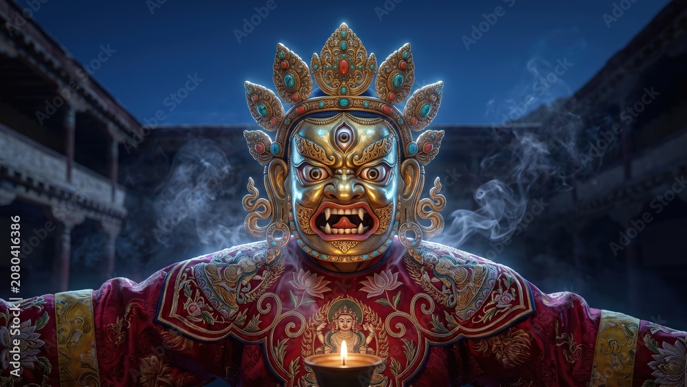 Fototapeta premium Golden Ceremonial Mask Night Festival Illustration