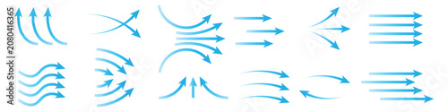 Airflow icon set with blue wind direction. Vector illustration of realistic air conditioner stream flat symbol, colorful hvac cooling ventilation climate wave template on white background.
