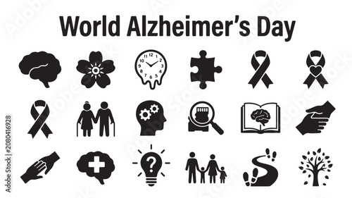 World Alzheimer's Day icons, dementia awareness symbols, Alzheimer's awareness, healthcare vector graphics