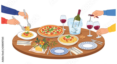 Bild auf Leinwand Dinner setting with pasta pizza and wine vector illustration