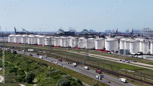 Oil storage terminals at the Mississippi Port, Maasvlakte Rotterdam Netherlands from the air