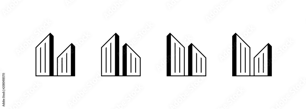 Obraz premium Real estate logo. Skyscraper, residential building, real estate, architecture and cityscape logo design concept. Line building icon.