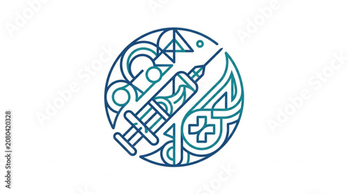 Medical syringe and DNA helix abstract design.