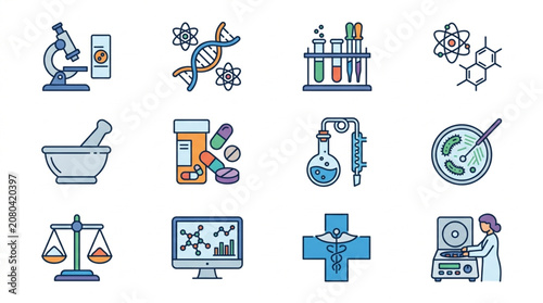 Medical Science Research Laboratory Icons Collection.
