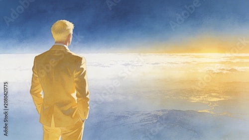 Businessman looking out at sunrise above clouds in sky