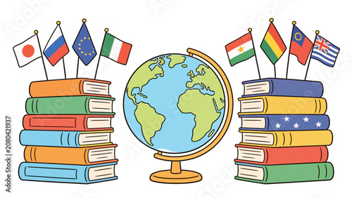 Stack of books with globe symbolizing education, learning, knowledge, library, school, study, textbooks, reading, world wisdom, university, information, research illustration