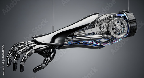 A detailed robotic prosthetic arm rendered against a neutral grey background.