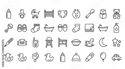 Fotografie Baby care icons, nursery symbols, 40 black line illustrations, baby shower graph