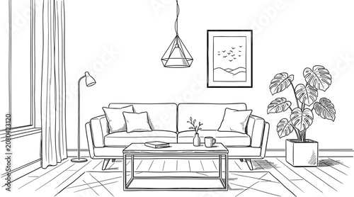 Photos Living room interior design sketch with sofa coffee table monstera plant window