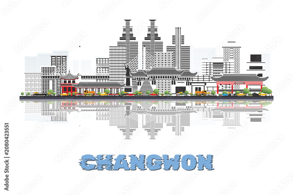 Obraz premium Changwon, South Korea skyline illustration with historic architecture modern buildings and reflection on white background.