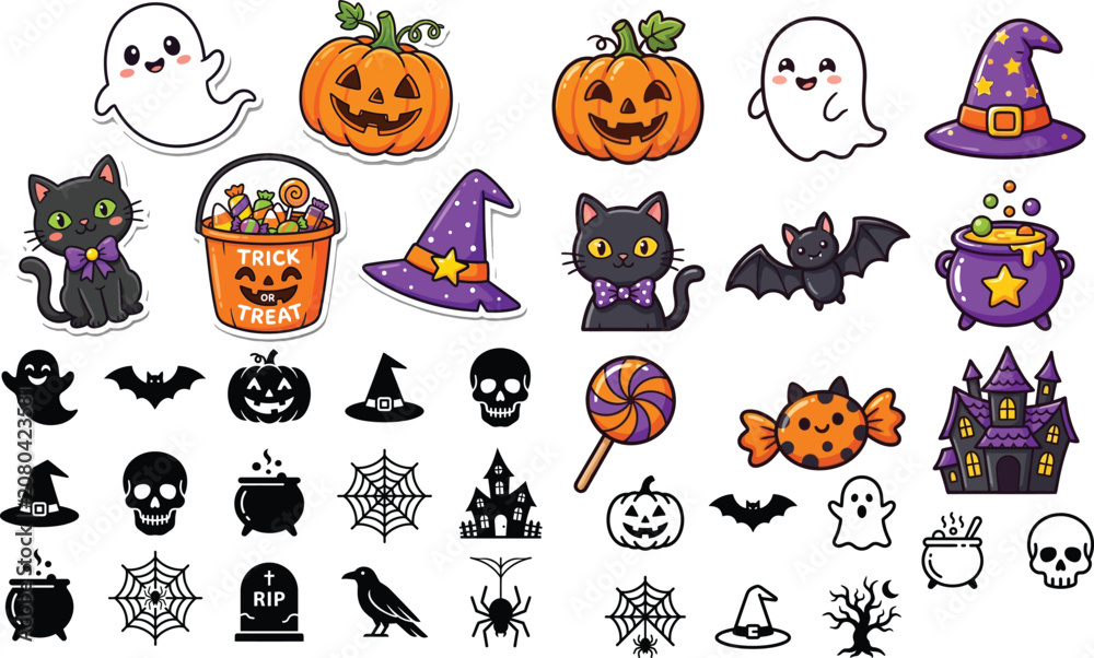 Obraz premium Cute halloween stickers collection ghosts pumpkins cats spooky elements