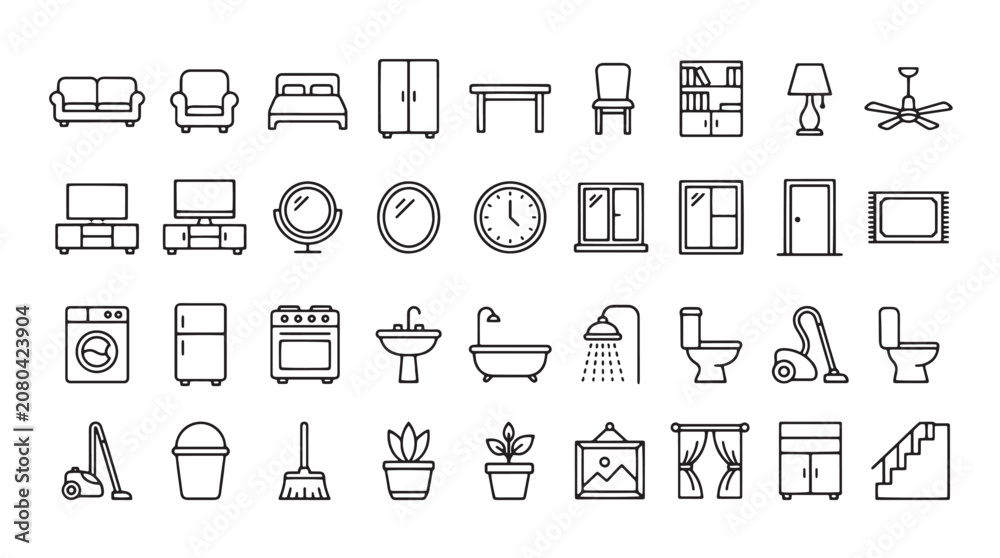 Fototapeta premium 40 Line Icons, Home Decor, Furniture, Interior Design Elements, Minimalist Style