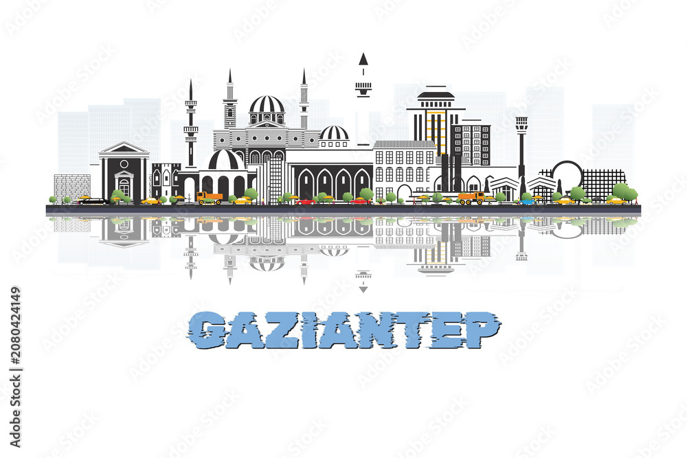 Obraz premium Gaziantep, Turkey skyline illustration with historic architecture modern buildings and reflection on white background.