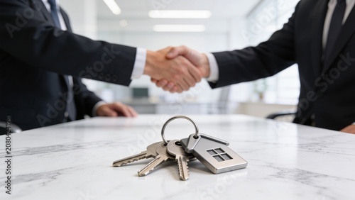 Two businessmen shake hands over a table with a set of house keys