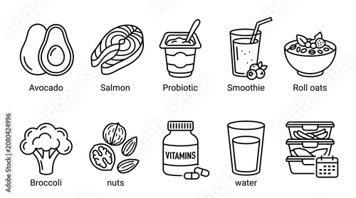 Vector line icon set of healthy nutrition and wellness food elements including avocado, salmon, probiotic yogurt, smoothie, rolled oats, broccoli, nuts and vitamins supplement