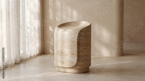 A modern minimalist sculptural stool or side table meticulously carved from premium natural beige travertine stone, showcasing a sleek cylindrical body with an elegant organic curved cutout design
