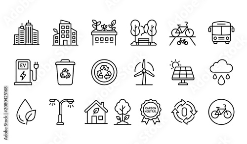 Canvastavla Eco Urbanism Thin Line Icon Set with Sustainable City Zero Waste Green Energy an