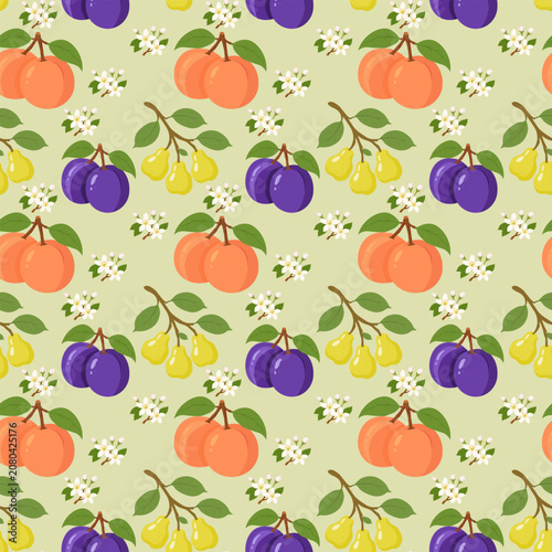 Seamless Fruit Orchard Pattern with Peaches, Plums, Pears and Blossoms on Light Green Background