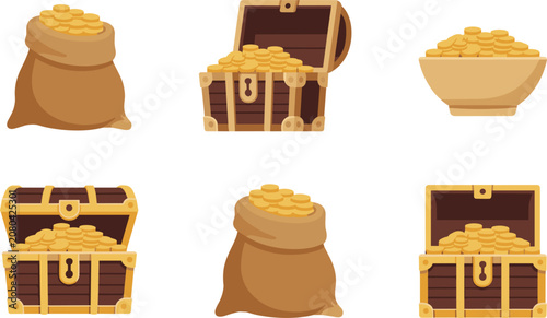 Photos Pirate treasure chest and money bag vector illustration set, cartoon gold coins
