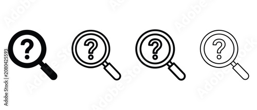  magnifying glasses with question marks on white background for search and investigation concepts