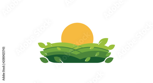 Natural Sunrise Over Green Hills With Foliage: A Serene Nature Logo Concept