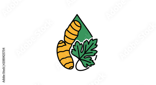 Natural Remedy Symbol: Illustrative Design of Turmeric, Leaf, and Green Shape Composition Visual