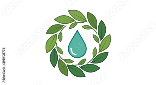 Natural Water Drop within Leaf Wreath Symbolizing Freshness and Ecological Harmony