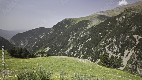 Stunning mountain landscape in the Vall de Nuria, revealing a lush green valley with pine forests under a clear summer sky. Natural scenery from the Catalan Pyrenees, a popular hiking destination