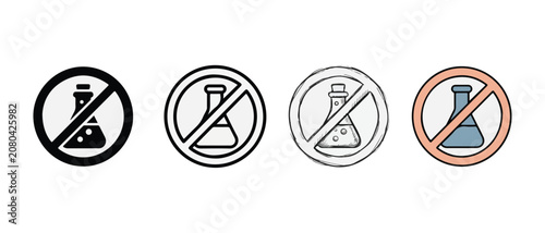 no chemistry icons with beakers in prohibited signs on white background  warning symbols for laboratories and chemicals