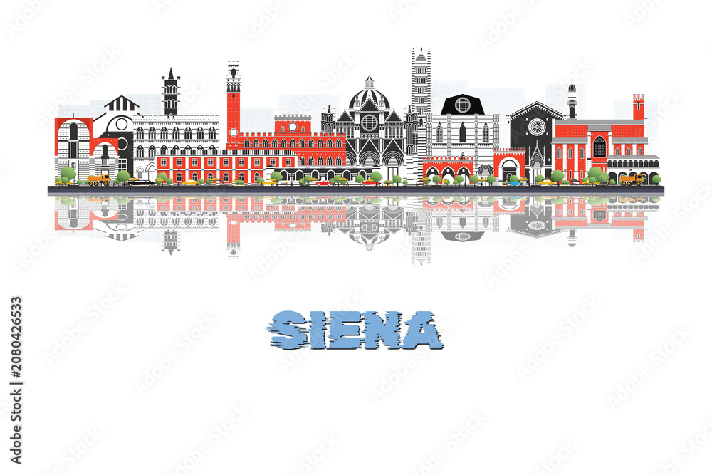 Fototapeta premium Siena, Italy skyline illustration with historic architecture modern buildings and reflection on white background.