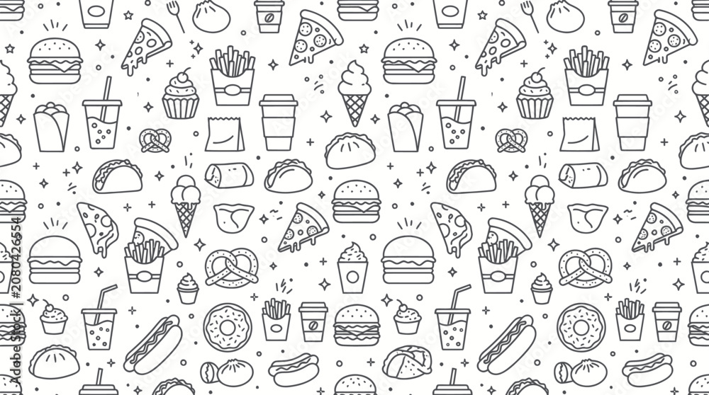 Naklejka premium Minimalist fast food line art seamless background pattern.