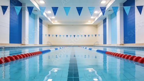 An indoor swimming pool with blue water and red lane dividers is seen from the side.