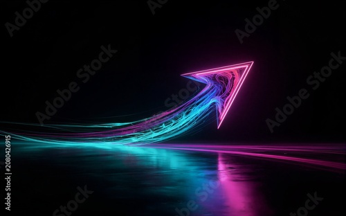 Neon arrow glows vibrant pink and blue, trails light across dark reflective surface.