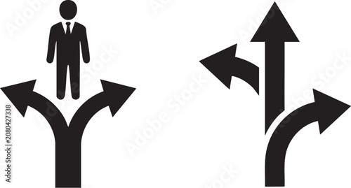 Business choice and direction icons with split arrows and a businessman pictogram. Upward trending arrow, Decision making concept, infographics. arrows pointing to different paths. transparent
