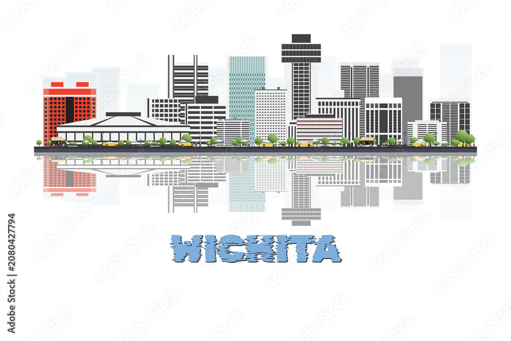 Obraz premium Wichita, Kansas, USA skyline illustration with historic architecture modern buildings and reflection on white background.