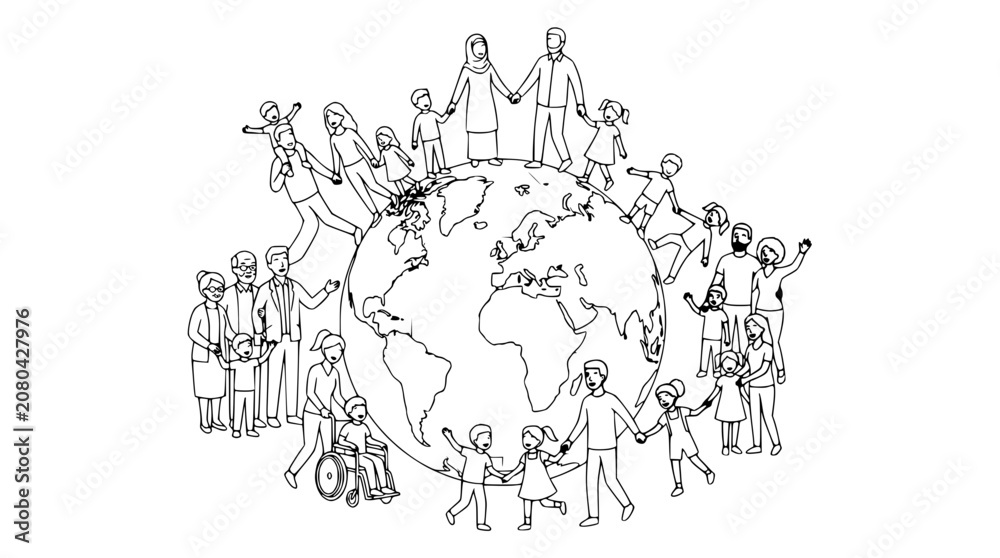 Fototapeta premium Diverse People Holding Hands Around The World Earth Globe Outline