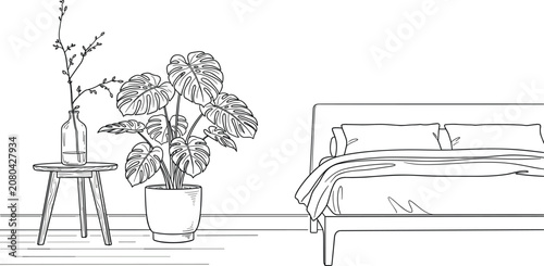 Quadro su tela Minimalist bedroom interior line art vector illustration with double bed potted