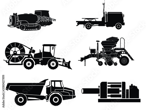 Industrial and Agricultural Machinery Silhouette Collection, Heavy Equipment Vector Icons Set