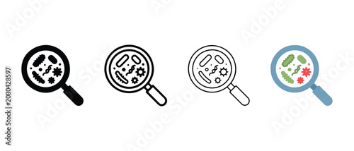  magnifying glass icons with different colored bacteria and germs inside lenses on white background  microbiology and health concept