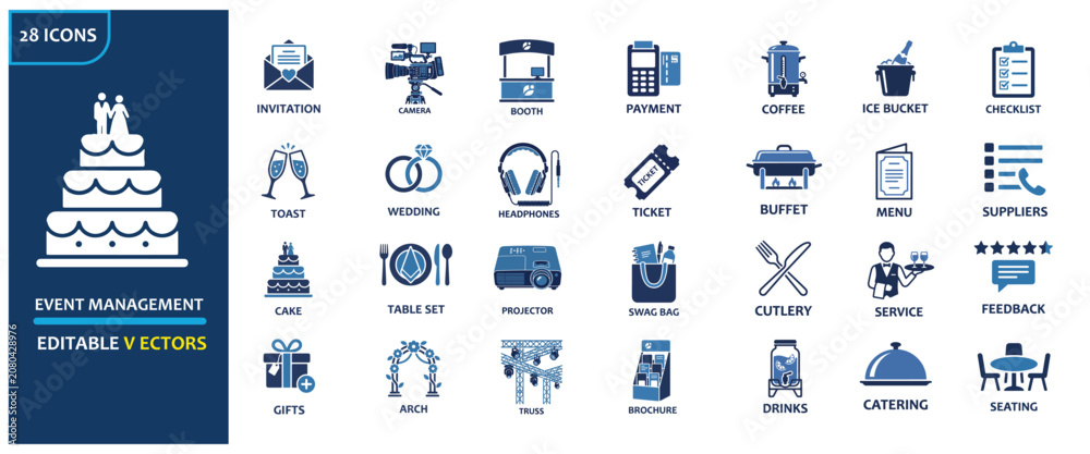 Naklejka premium Event management and wedding planning solid icon set. Featuring invitation camera payment coffee checklist rings ticket buffet menu cake and catering. Professional vector graphics for organizers.