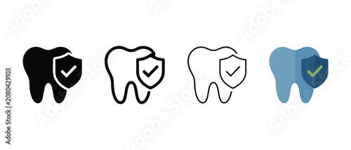 Tooth icons with shield and checkmark for dental health and protection concepts  dental care and security symbols