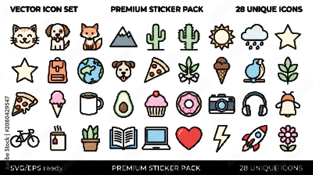 Fototapeta premium Colorful vector icon set with various objects and symbols