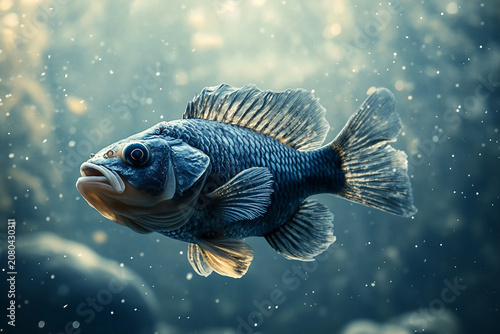 Generative AI image of a colorful trout fish swimming underwater in clear river environment after winter hibernation period
