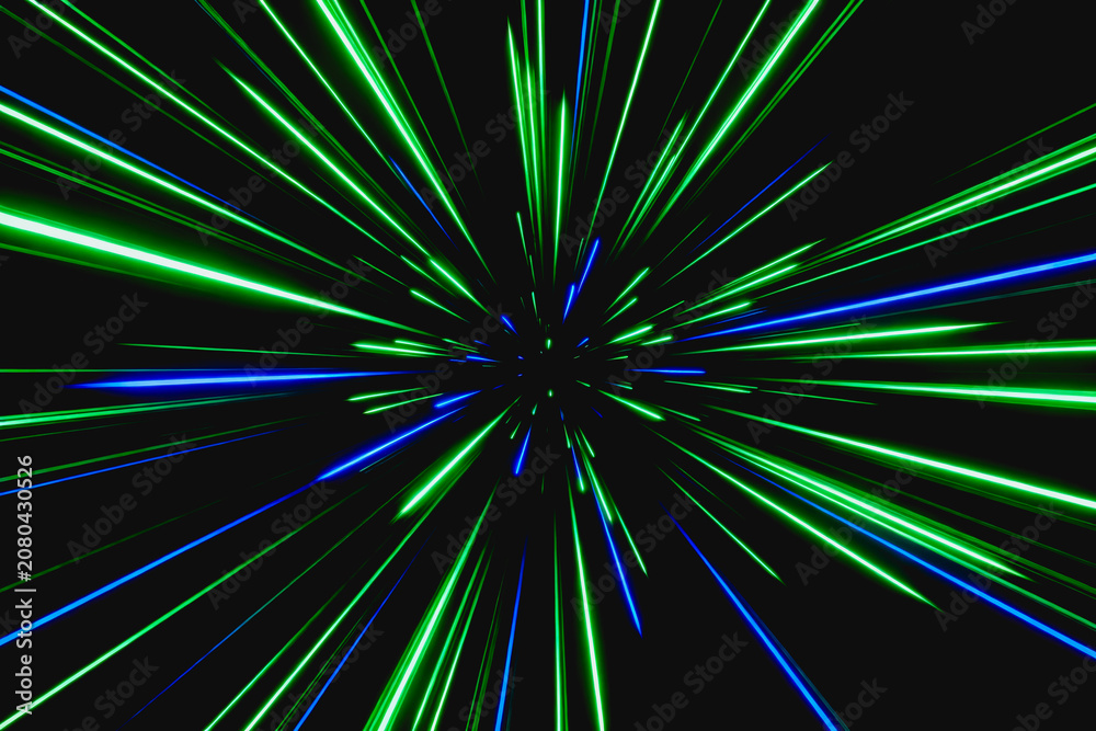 Fototapeta premium A dynamic abstract graphic of glowing green and blue light rays radiating outward from a central point against a dark backdrop, creating a high-energy visual effect.