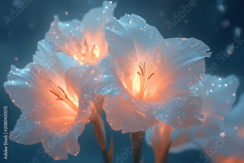 Generative AI illustration of magical forest filled with night blooming flowers like moonflower eveningprimrose and nightphlox glowing in moonlight