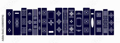 Set of book spines silhouettes with geometric ornaments. Black and white minimalist line art, vintage style. Hand drawn vector illustration isolated on white background. Modern flat cartoon style.