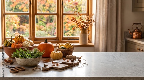 Cozy autumn still life on a bright white marble kitchen countertop featuring an arrangement of colorful pumpkins, squashes, and fresh green herbs in a ceramic bowl.