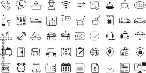 Modern Hotel Services and Hospitality Outline Icons Vector Collection