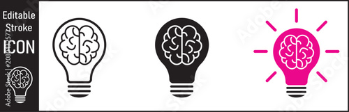 Creative Brain Light Bulb Icon Set Featuring Minimalist Line Art and Solid Styles